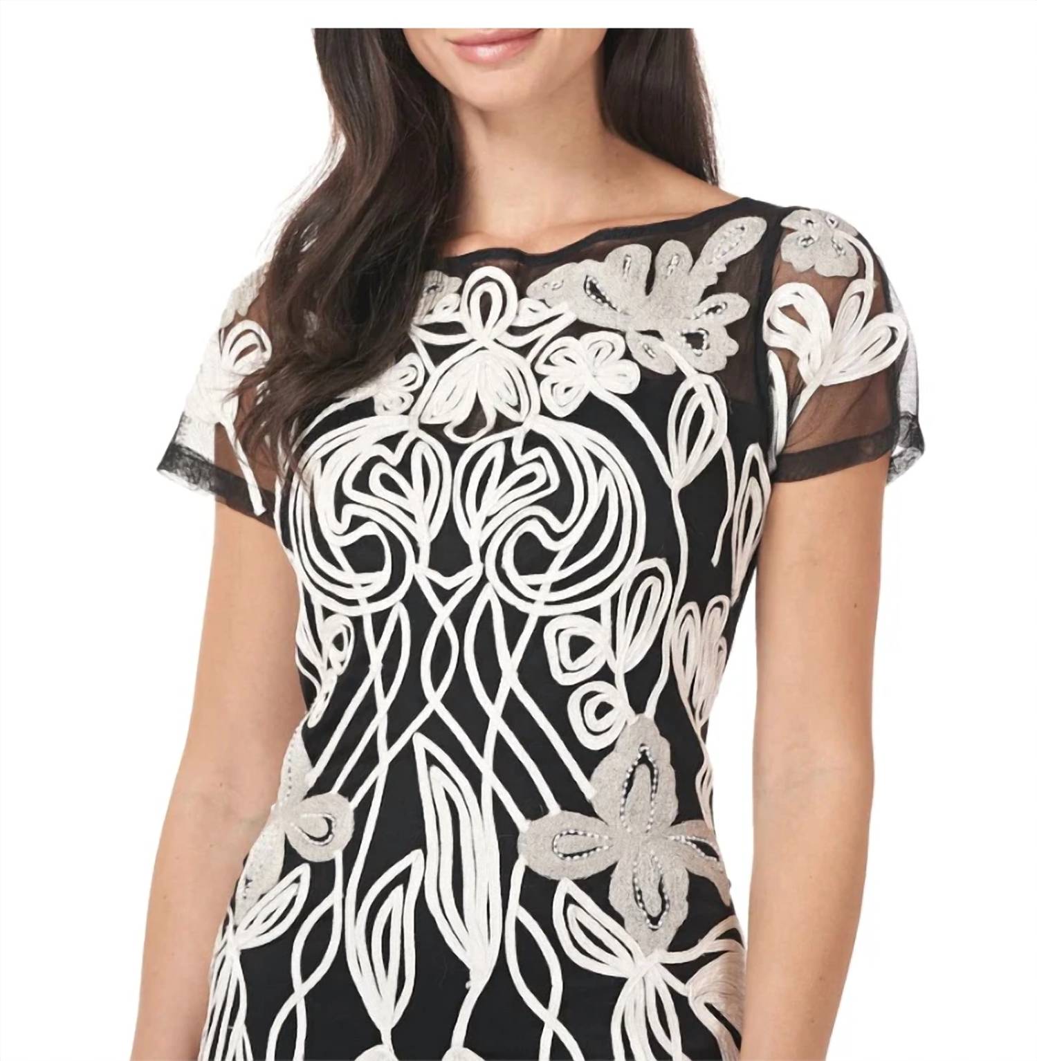 Js Collections - Art Nouveau Illusion Embellished Mesh Dress