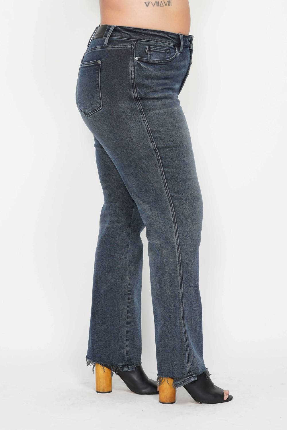 Judy Blue - High Waisted Button Fly Hem Distressed Straight Leg Jeans - Plus