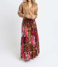 Karlie Abstract Smocked Maxi Skirt in brown - women's skirt