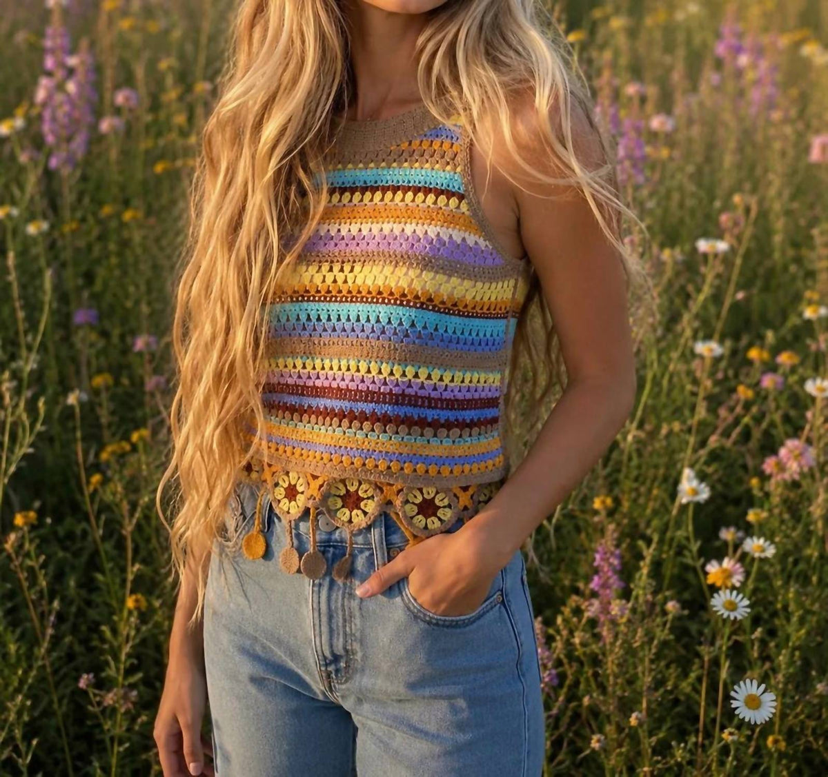 Apricot - Tassel Crochet Top