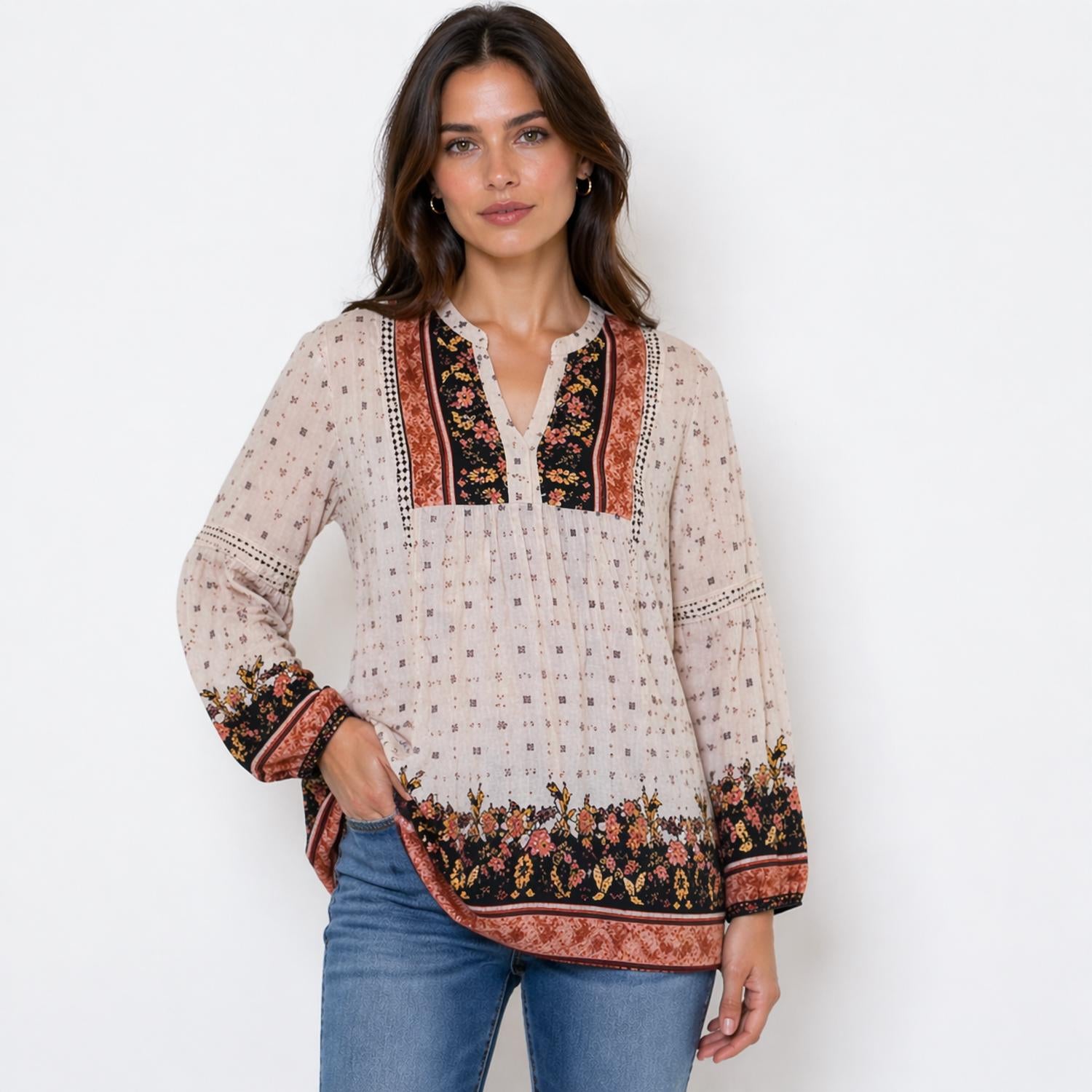 Nostalgia Boho Patterned Tunic in multi - women's shirt - alternate view