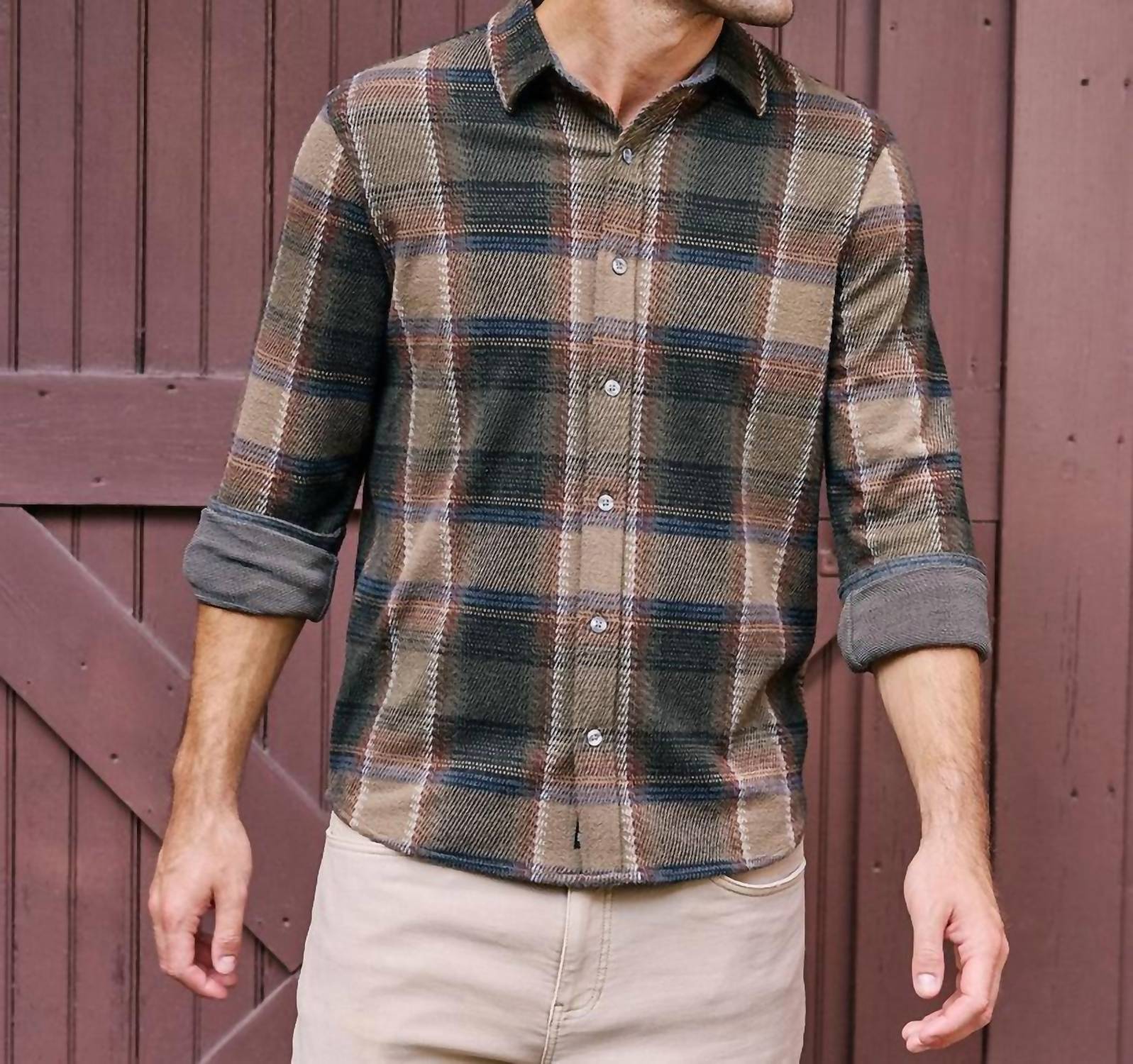 Flags & Anthem Crowley Longsleeve Hero Knit Flannel Shirt in olive brown - men's shirt