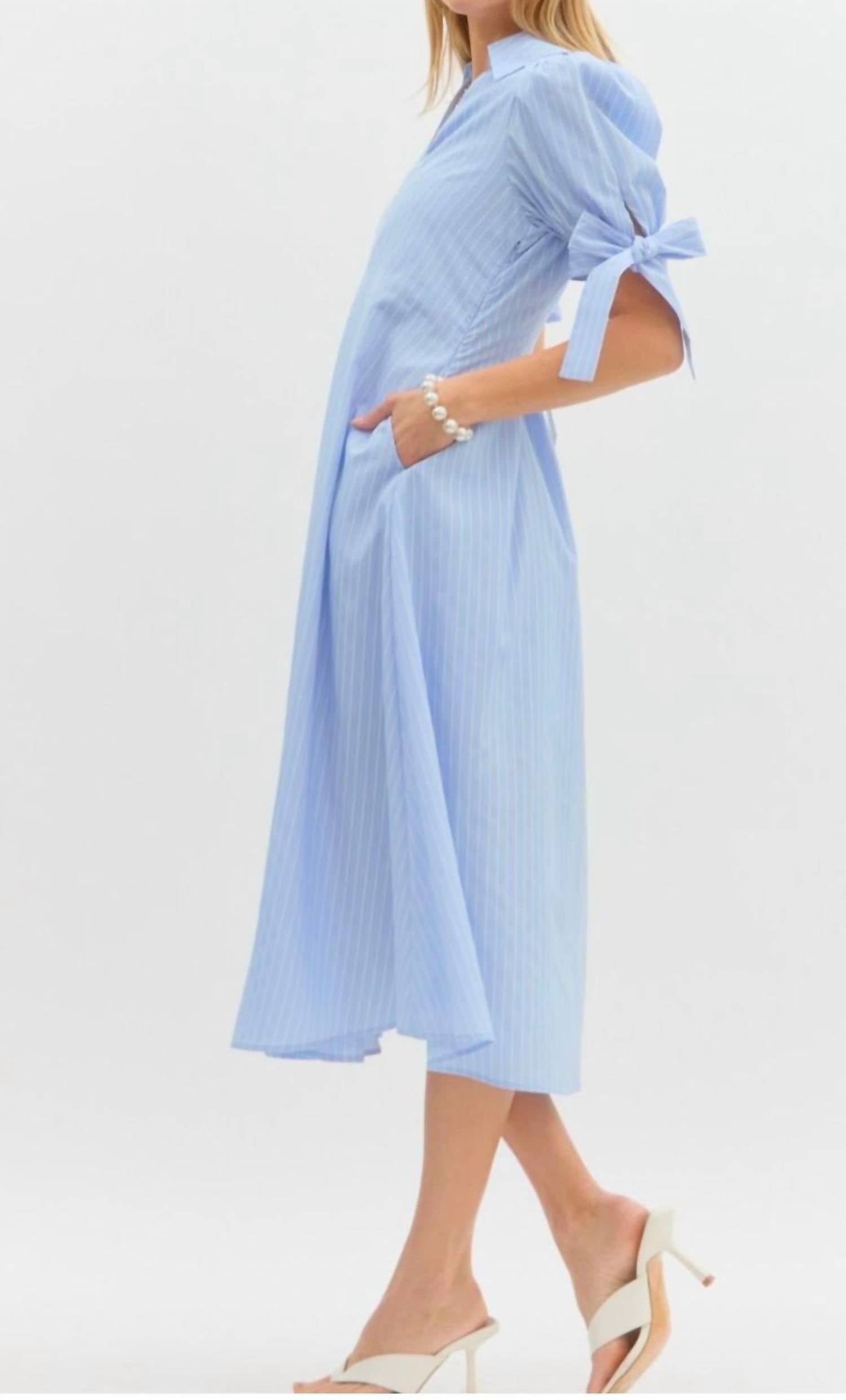 Entro - Pinstriped Puff Sleeve Midi Dress