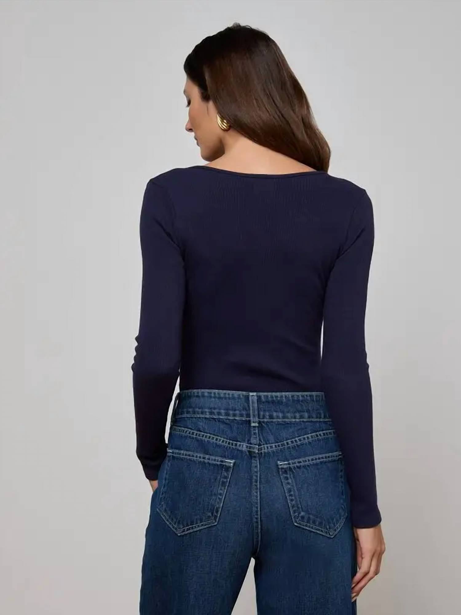 L'Agence Elara Long Sleeve Scoop Neck Bodysuit in deep midnight - women's shirt - alternate view