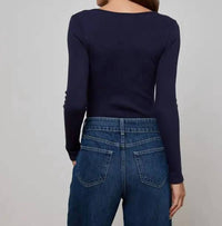 L'Agence Elara Long Sleeve Scoop Neck Bodysuit in deep midnight - women's shirt - detail view