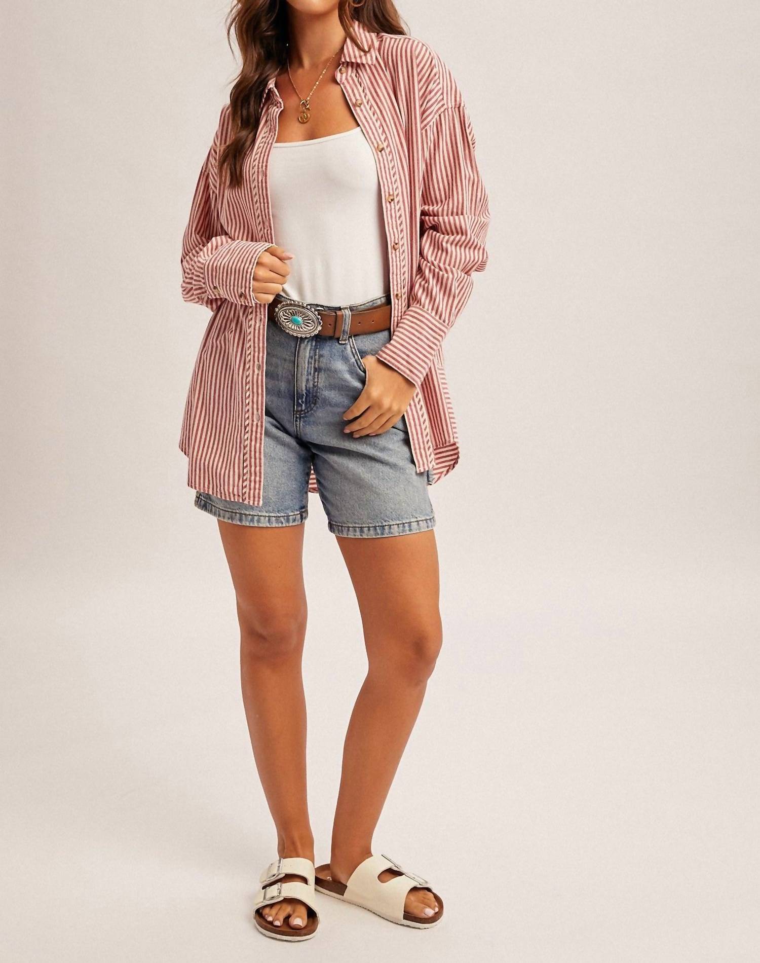 Hem & Thread Oversized Striped Button Down Long Sleeve Shirt in pink - women's long sleeve top
