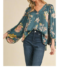 Jodifl Satin Floral Print Blouse With Bubble Sleeves in teal - women's blouse - detail view