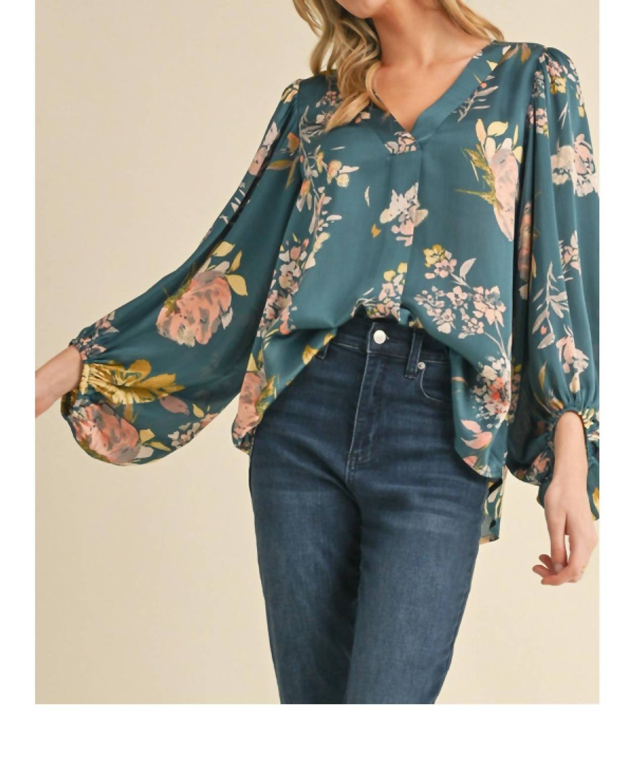 Jodifl Satin Floral Print Blouse With Bubble Sleeves in teal - women's blouse - detail view