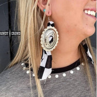 Rowdy Crowd Women's Checkered Concho Bandana Dangle Earrings in black white - women's jewelry - detail view