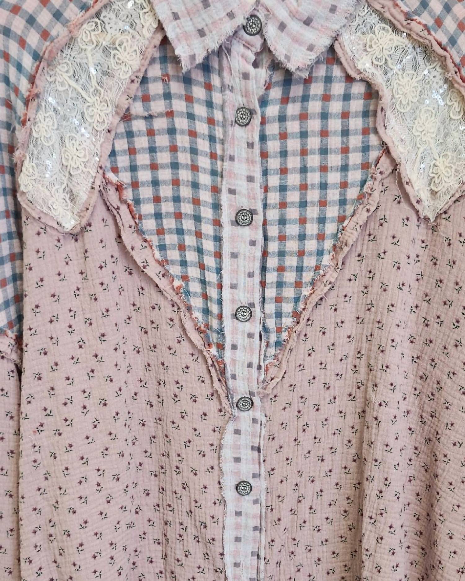 POL Ditsy Sequin Button Up Top in pink - women's long sleeve top - detail view