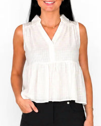 Doe And Rae - Textured Cotton Collared Split V-neck Sleeveless Top