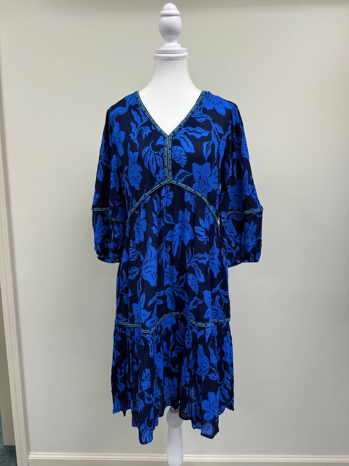 Tribal - Printed Jacquard Embroidered V-neck Midi Dress