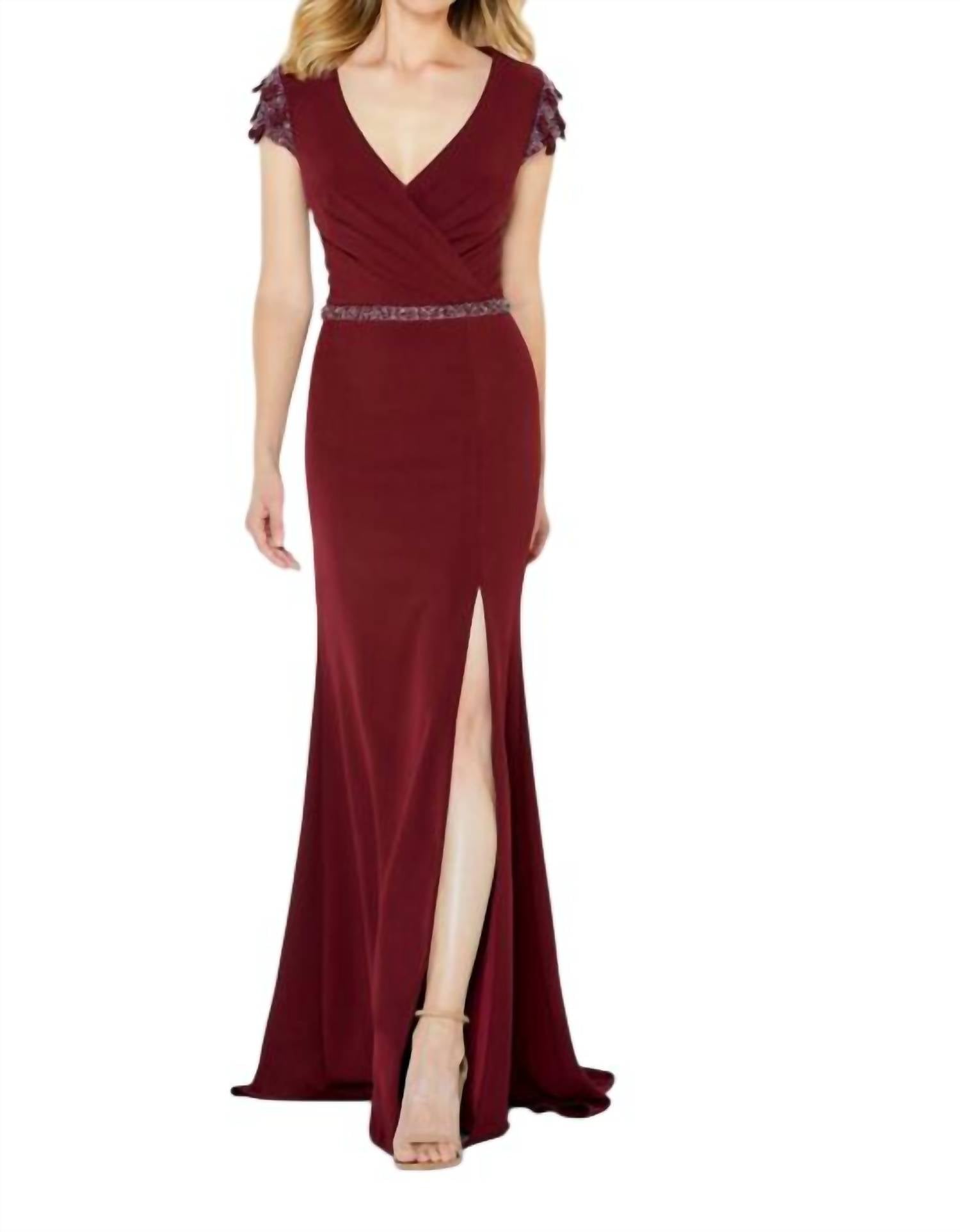 Montage by Mon Cheri Front Slit Cap Sleeve Dress in wine - women's dress