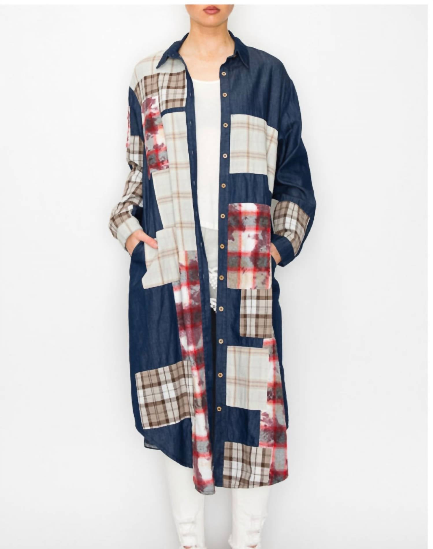Origami - Light Weight Denim Duster Jacket With Pockets And Patch