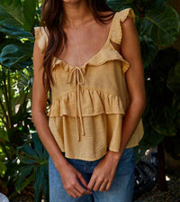 By Together - Tie Front Ruffle Top With Lace Trim