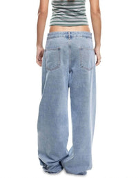Lioness She's All That Low Rise Wide Denim Jeans in washed blue - women's jeans - detail view
