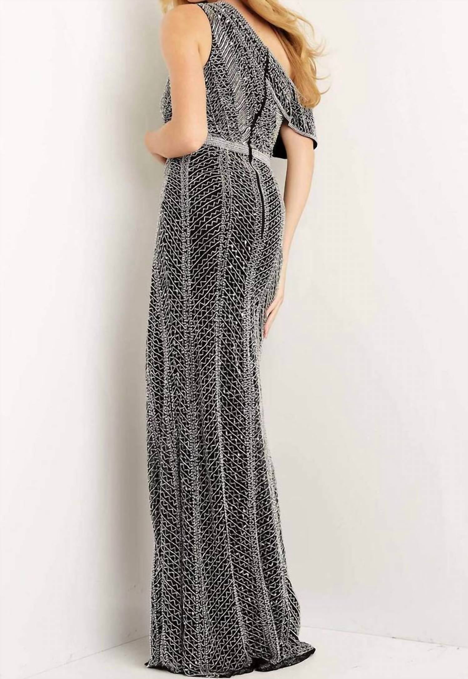 Jovani - Beaded One-shoulder Gown With High Slit