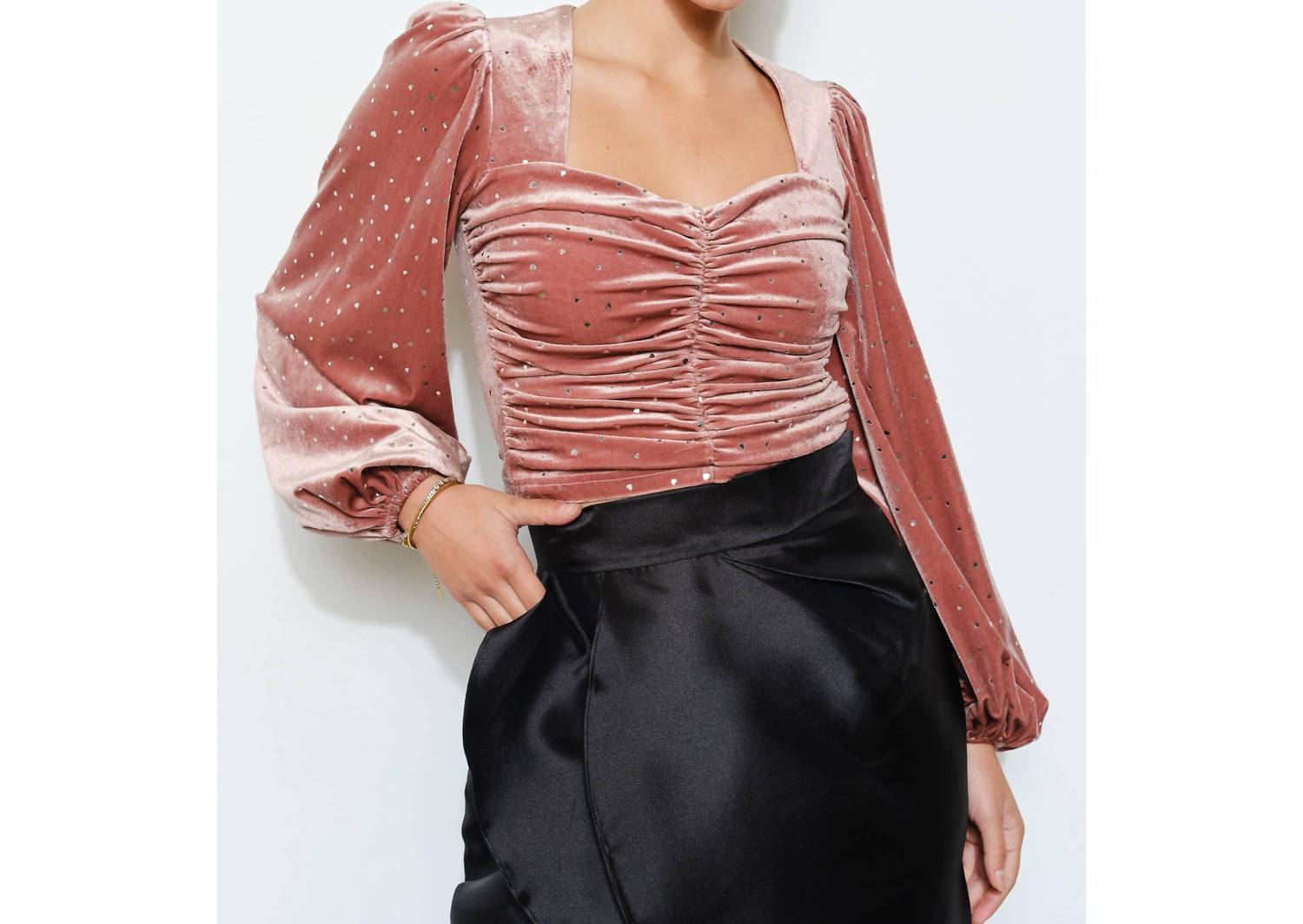 INA Fashion Luxe Velvet Heart Ruched Sweetheart Top in dusty pink - women's shirt - alternate view
