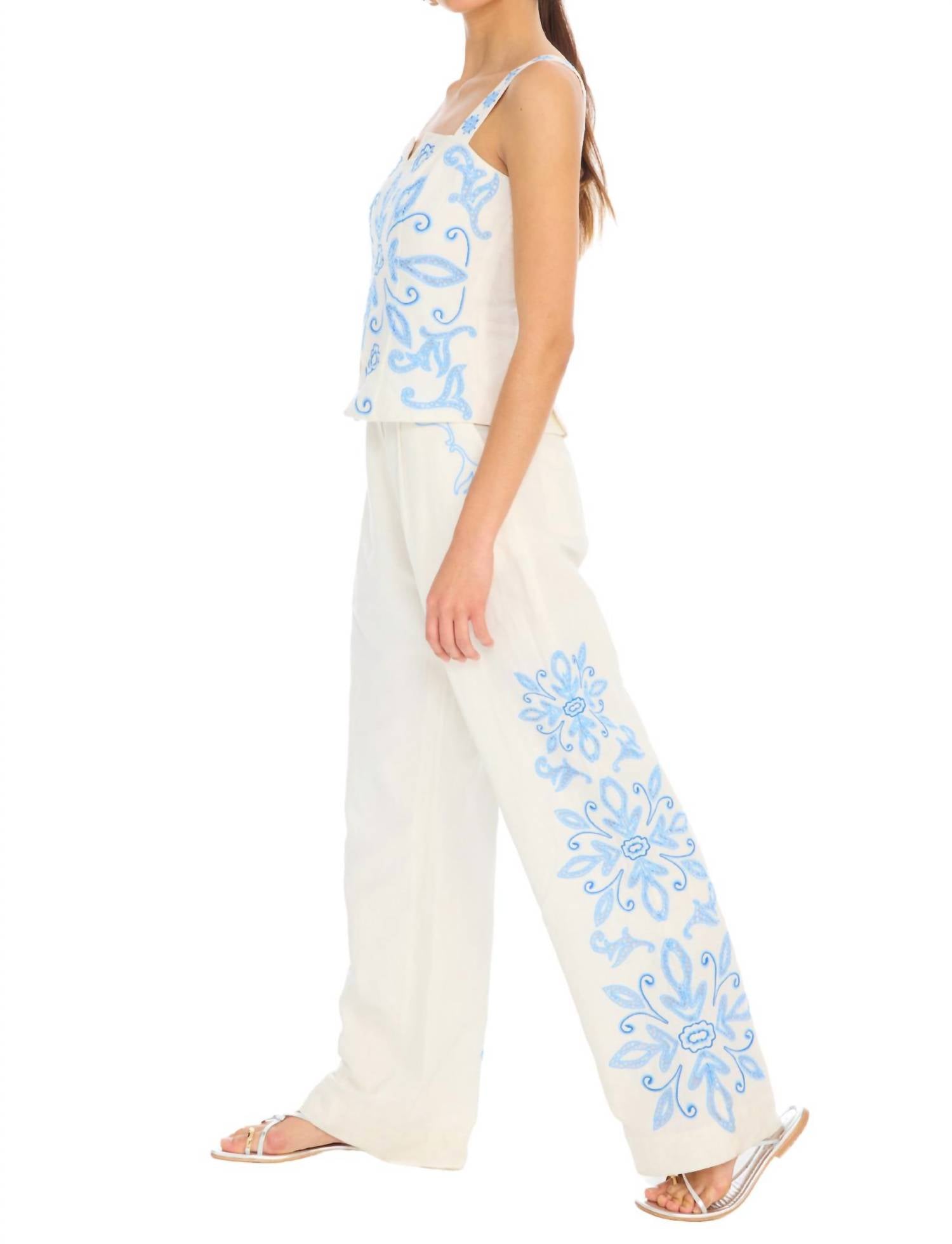 ALLISON NEW YORK Embroidered Audrey Pant in blue white - women's pants - view 7