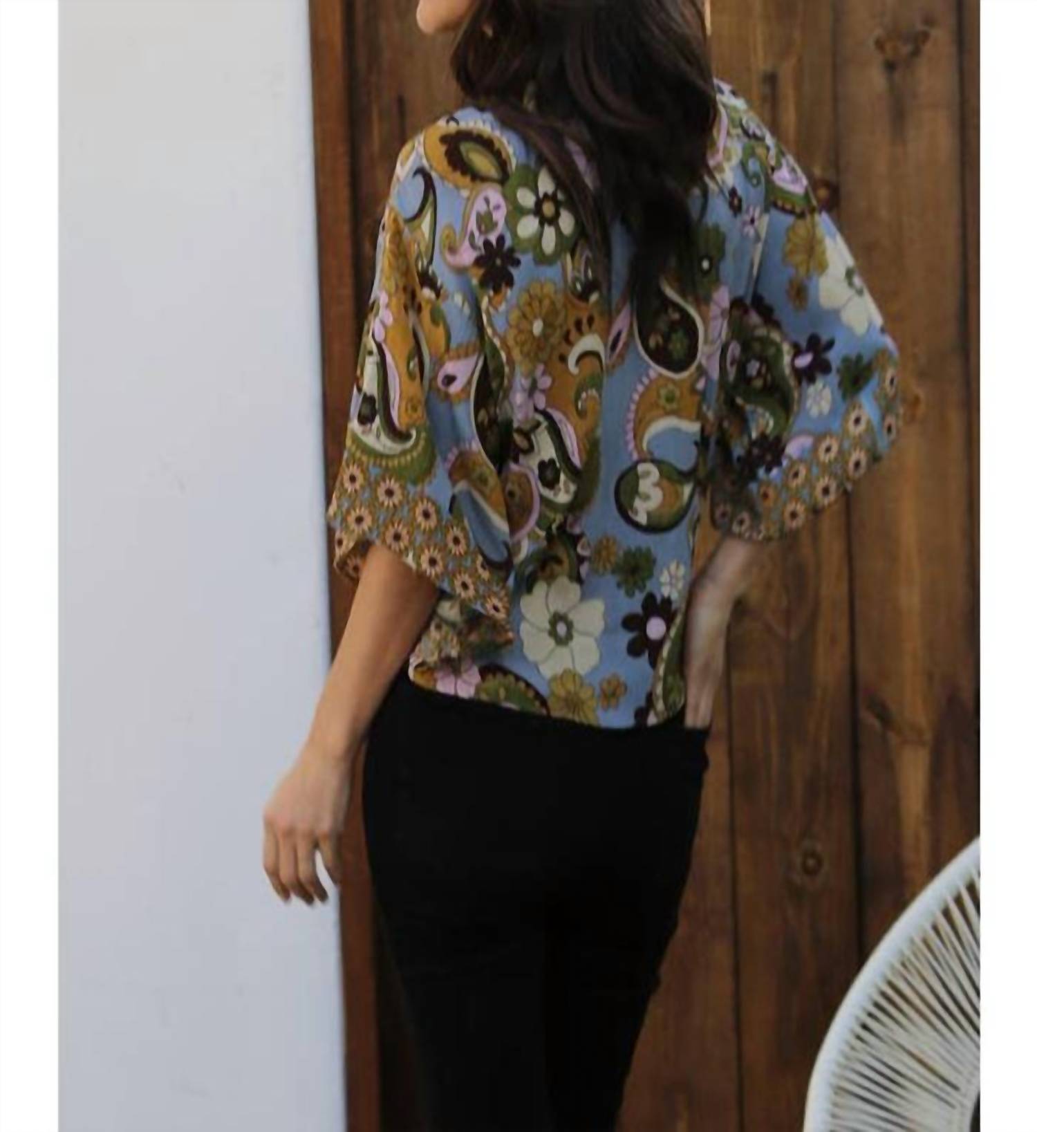 Nostalgia - V Neck Tie Waist Kimono Sleeve Blouse
