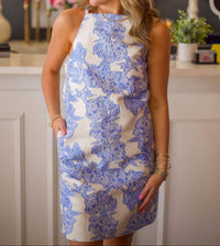THML Flower Embroidered Dress in blue cream - women's dress - detail view