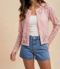 AnnieWear Floral Jacquard Lace Button-down Top in pink - women's shirt