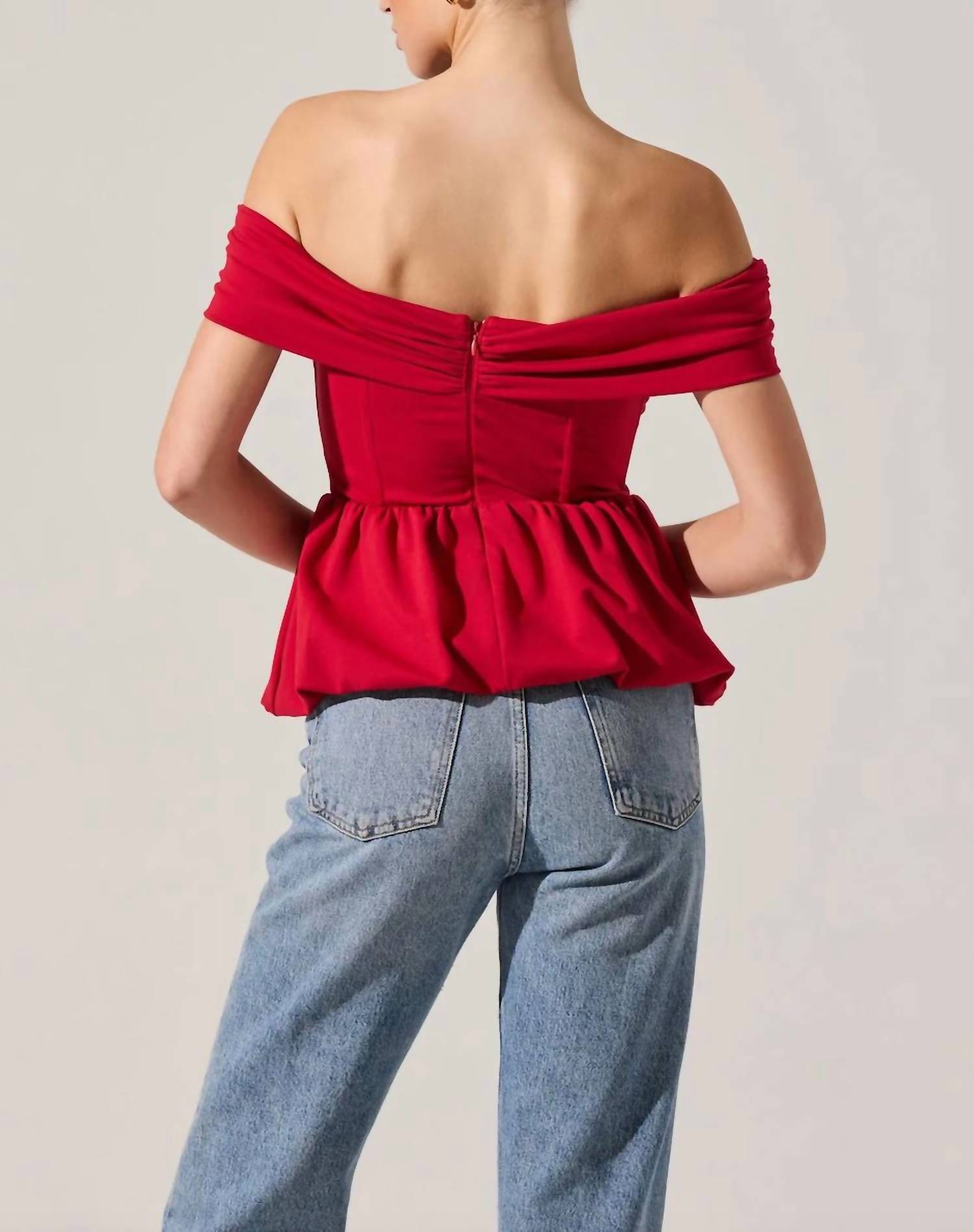 ASTR Tennille Off The Shoulder Peplum Top in red - women's blouse - detail view
