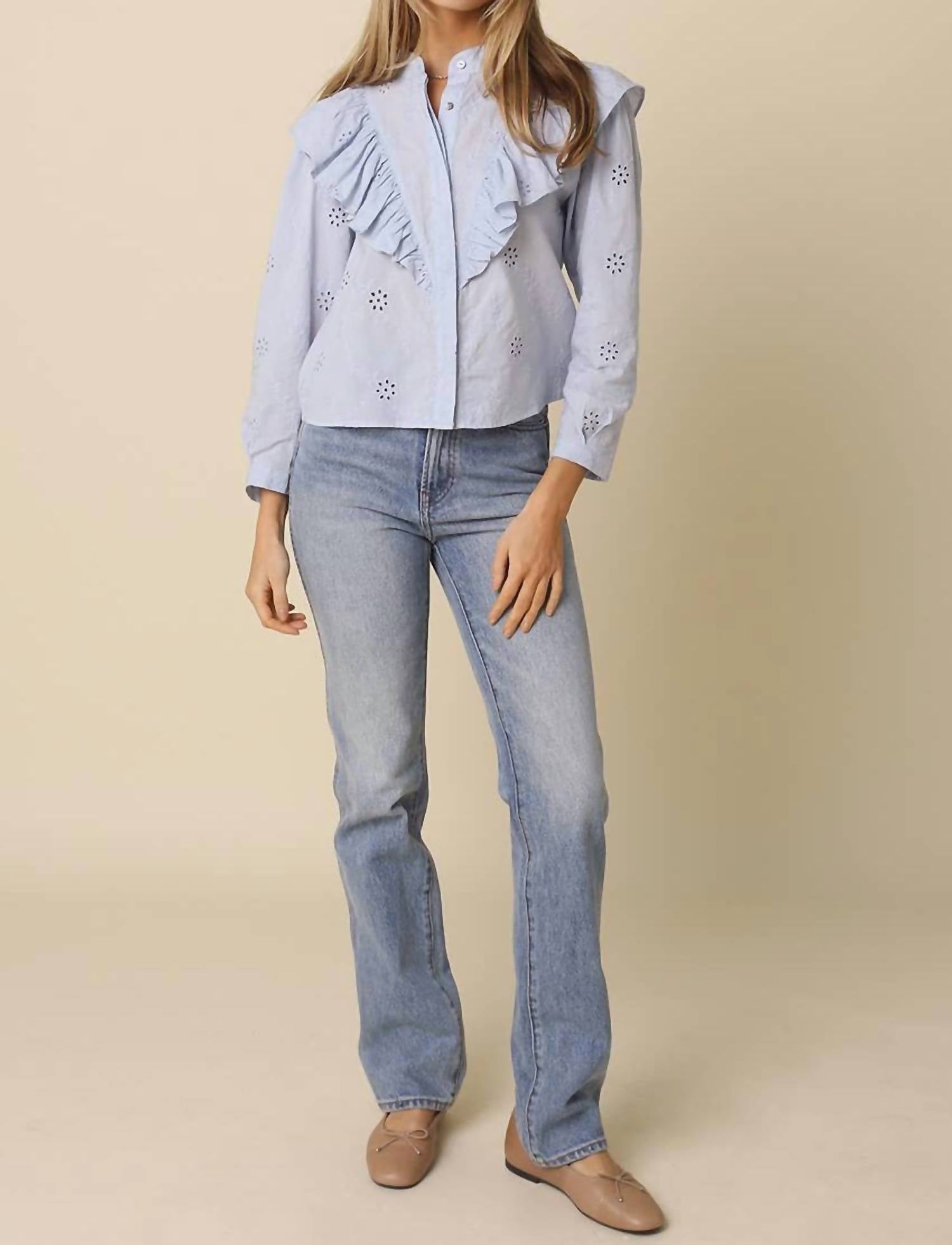 Olivaceous - Lia Eyelet Ruffle Detail Blouse