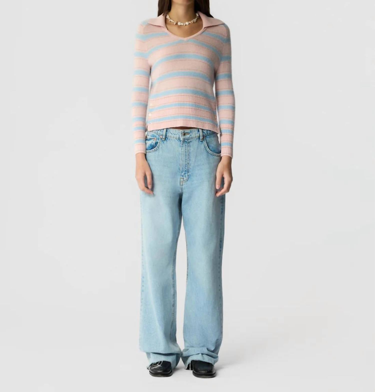 Guest In Residence Port Polo in residence port polo in powder pink combo - women's long sleeve top - detail view