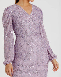 MAC DUGGAL Illusion Puff Sleeve V Neck Midi Dress in lavender - women's dress - alternate view