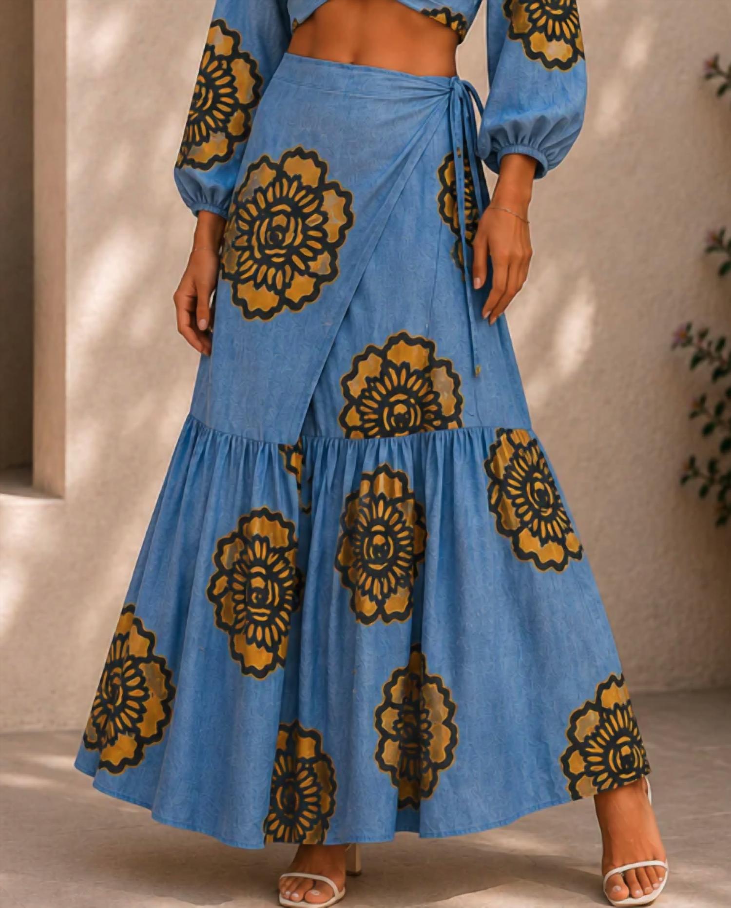 Mystery Resort - Azure Bloom Long Sleeve Maxi Skirt Set