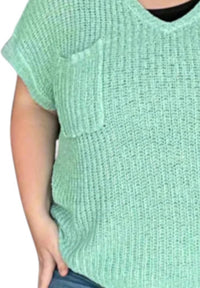 She + Sky - Short Sleeve Wide Shoulder Loose Knit Sweater With Front Pocket