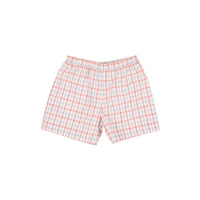 The Beaufort Bonnet Company Kid's Shelton Shorts in coral chandler check beale street blue - kids' shorts - detail view