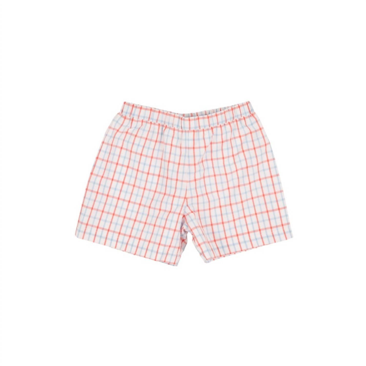 The Beaufort Bonnet Company Kid's Shelton Shorts in coral chandler check beale street blue - kids' shorts - detail view