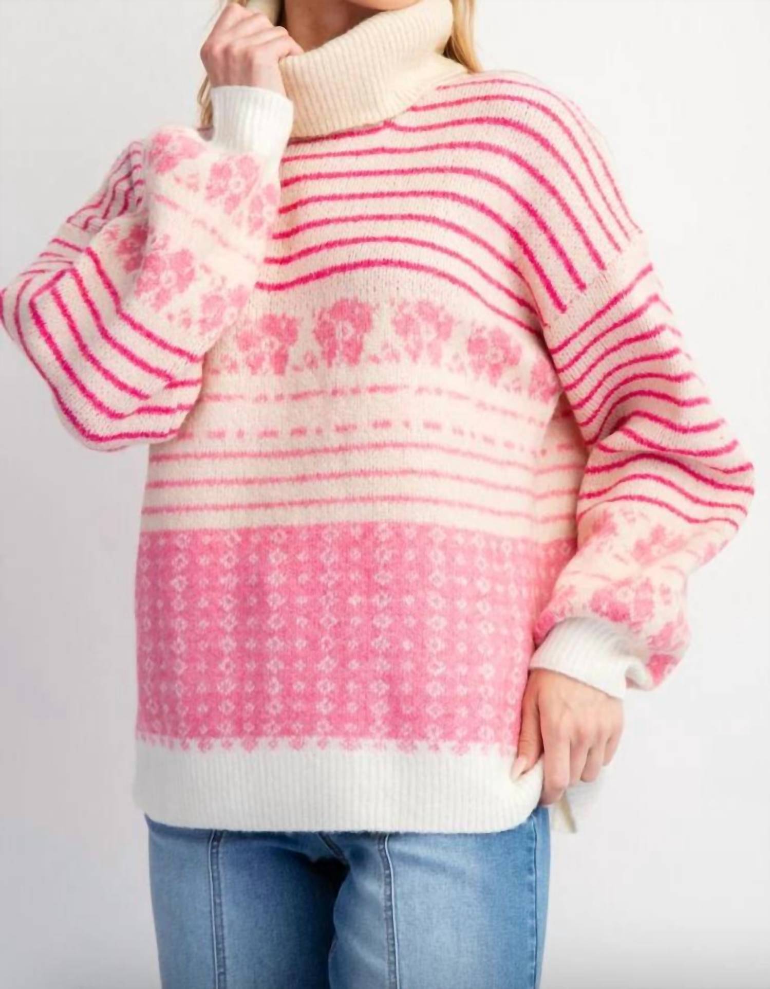 Easel - Multi Patterned Knit Sweater Pullover Sweater