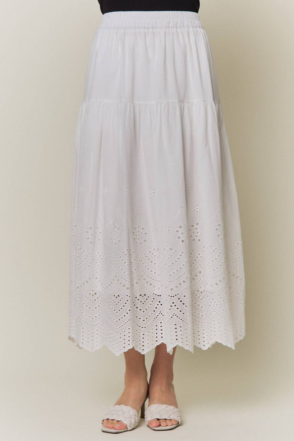 Adora - Tiered Eyelet Scalloped Midi Skirt