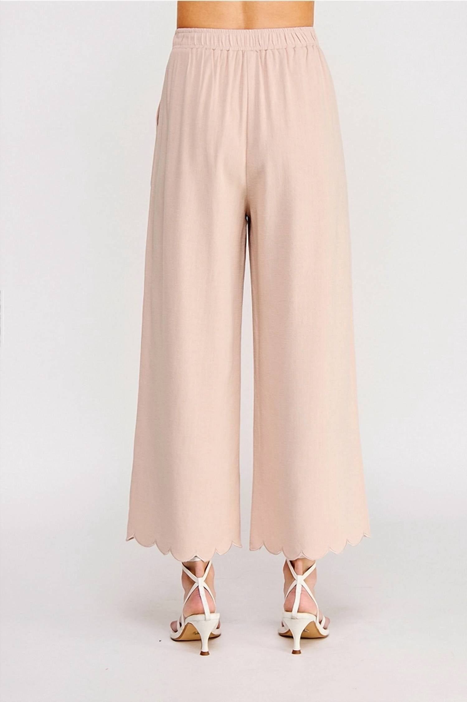 Allie Rose - Soft Linen Blend Scallop Hem Elastic Waist Pant