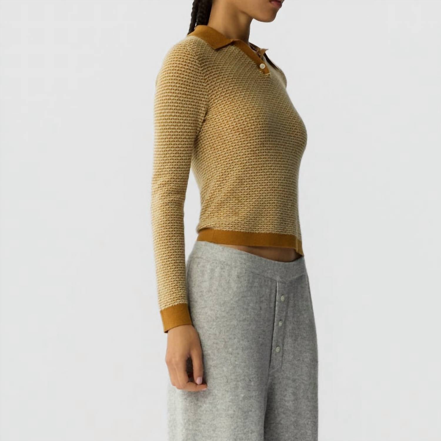 Guest In Residence Pique Long Sleeve Shrunken Polo in residence pique long sleeve shrunken polo in suede - women's long sleeve top - alternate view