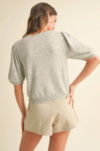 MIOU MUSE Puff Short Sleeved Knit Cardigan in grey - women's cardigan - alternate view