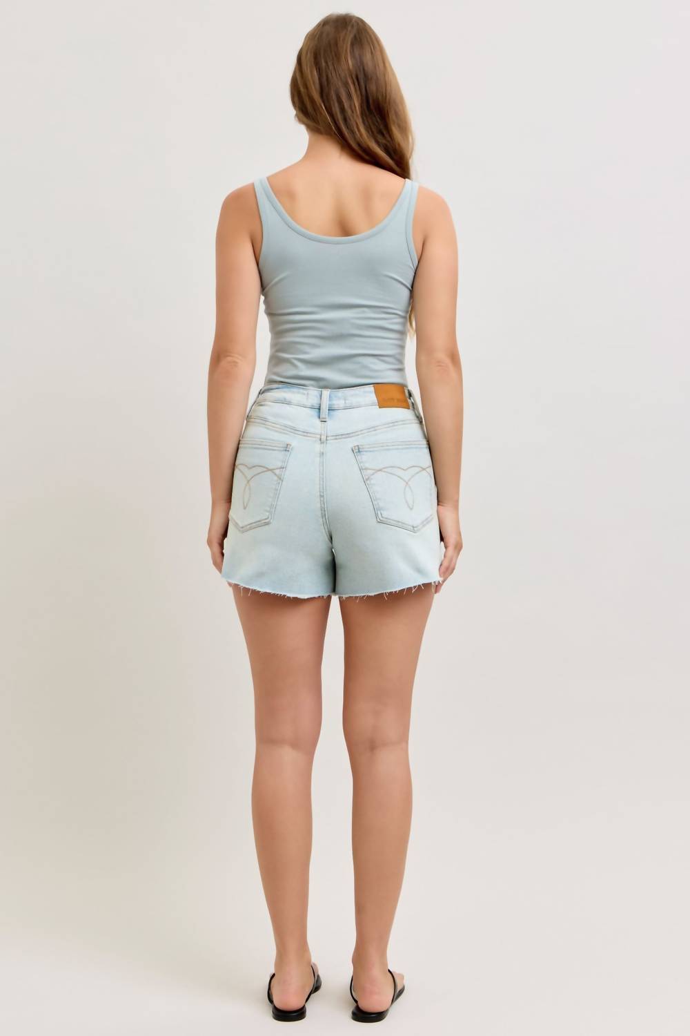 Judy Blue High Waist Button Fly Rigid Magic Cut Off Denim Short in blue 1 - women's shorts - detail view