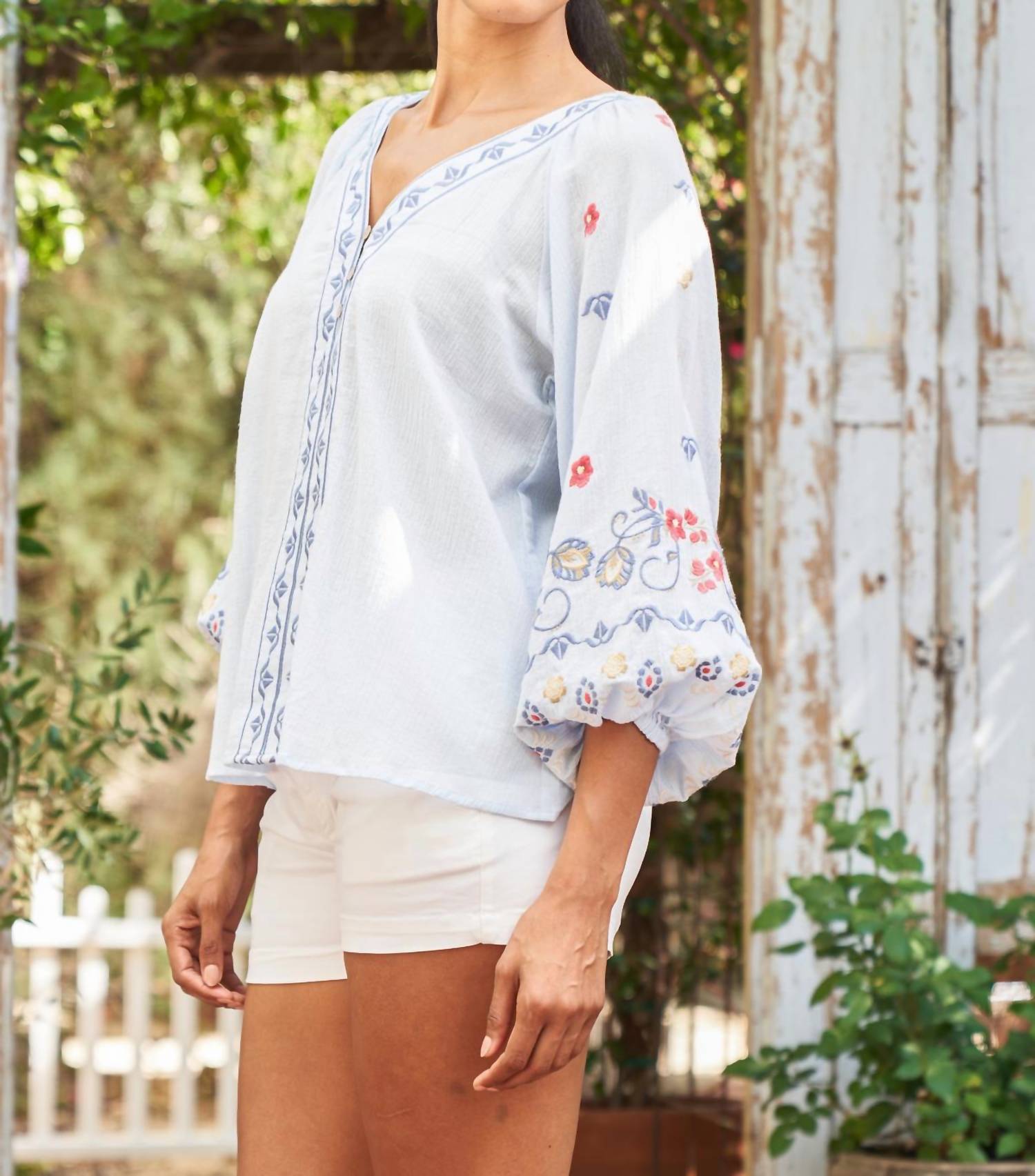 Paparazzi - Gauze Embroidered Peasant Shirt