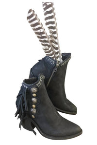 Liberty Black Women's Nubuck Grease Fringe Booties in black - women's shoe - detail view