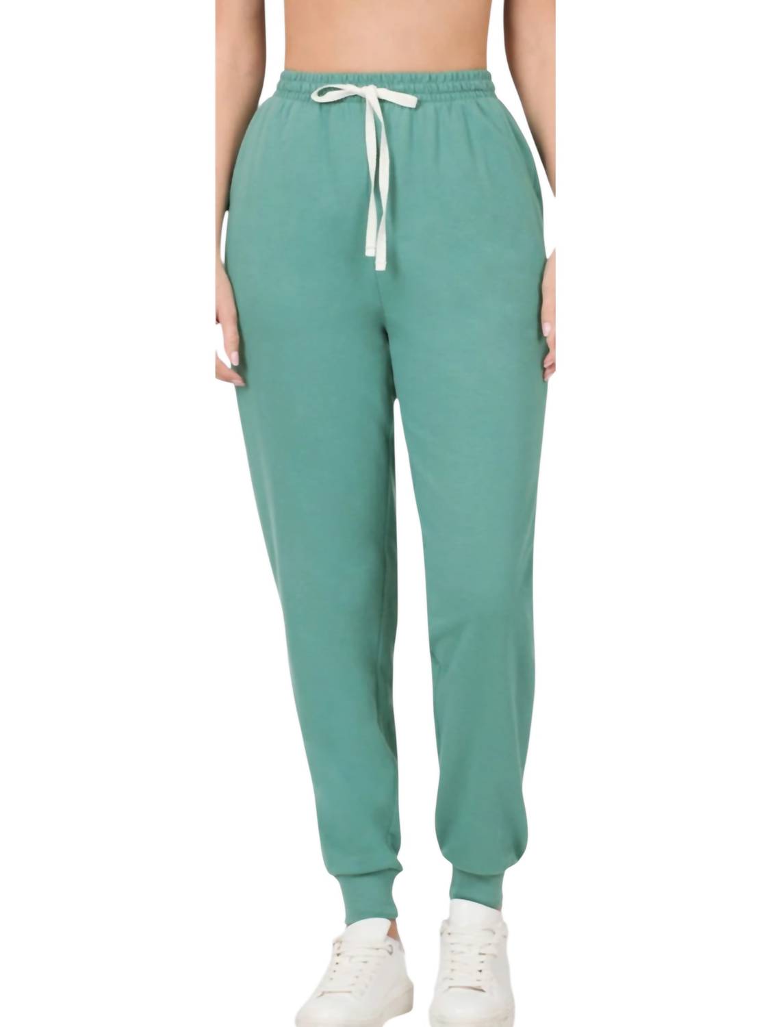 ZENANA French Terry Drawstring Joggers in dusty teal - women's pants