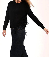 Minnie Rose Cotton Cashmere Fringe Trim Sweater in black - women's sweater - alternate view