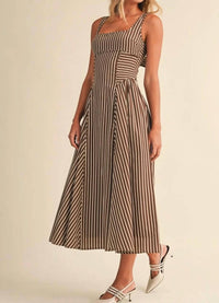 Klesis - Striped Back Buckle Piping Detail Midi Dress
