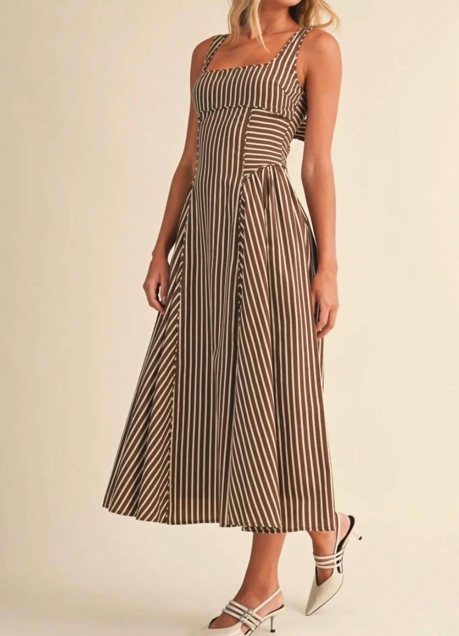 Klesis - Striped Back Buckle Piping Detail Midi Dress