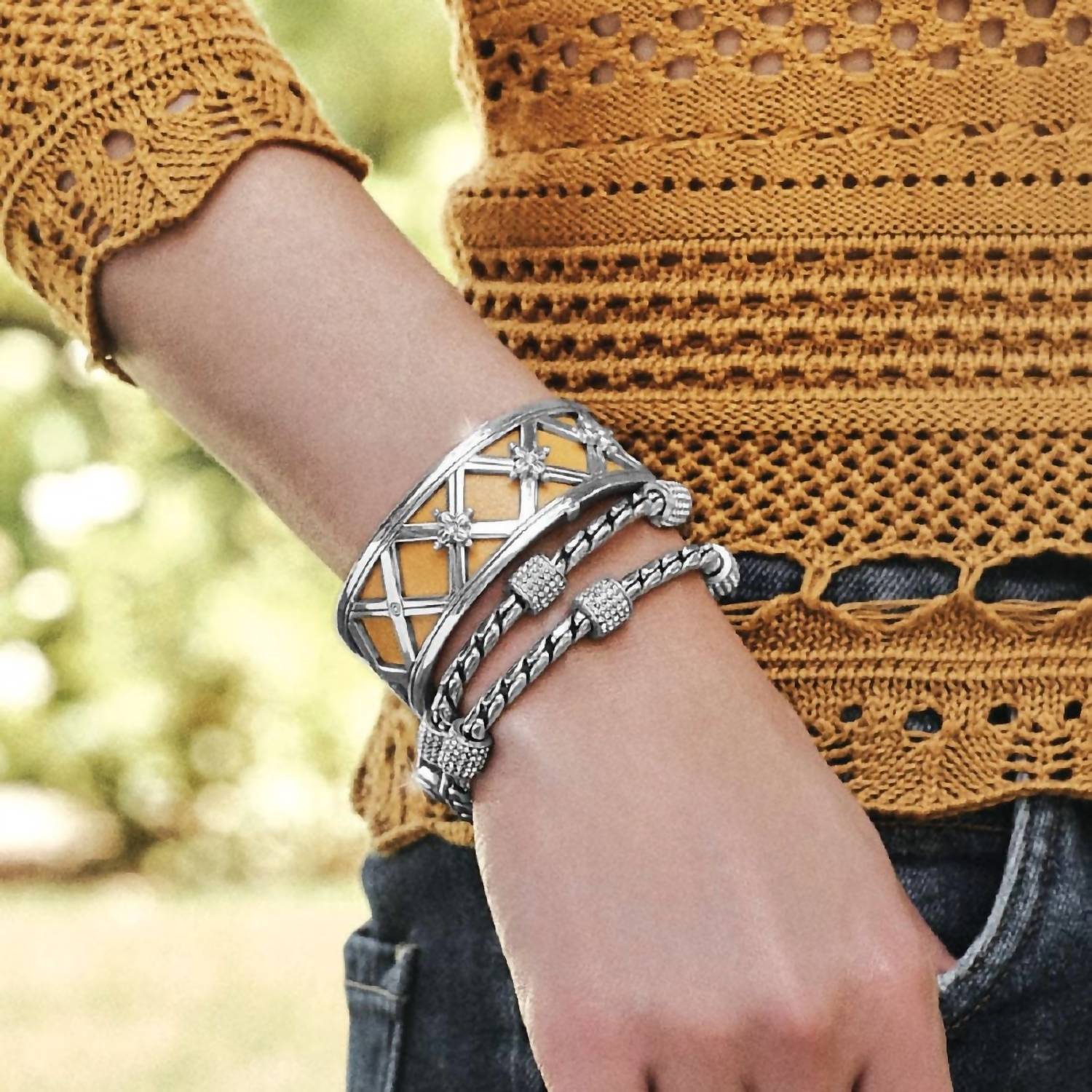 Brighton Leather Narrow Christo Cuff in yellow - women's jewelry - detail view