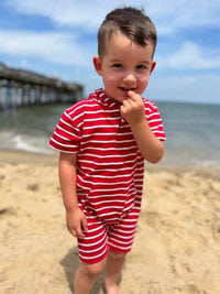 ME & HENRY Boy's Charlie Hooded Romper in red - kids' item - alternate view