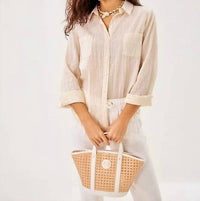 Lilly Pulitzer Sea View Button Down Top in wicker tan ltwt oxford stripe - women's shirt