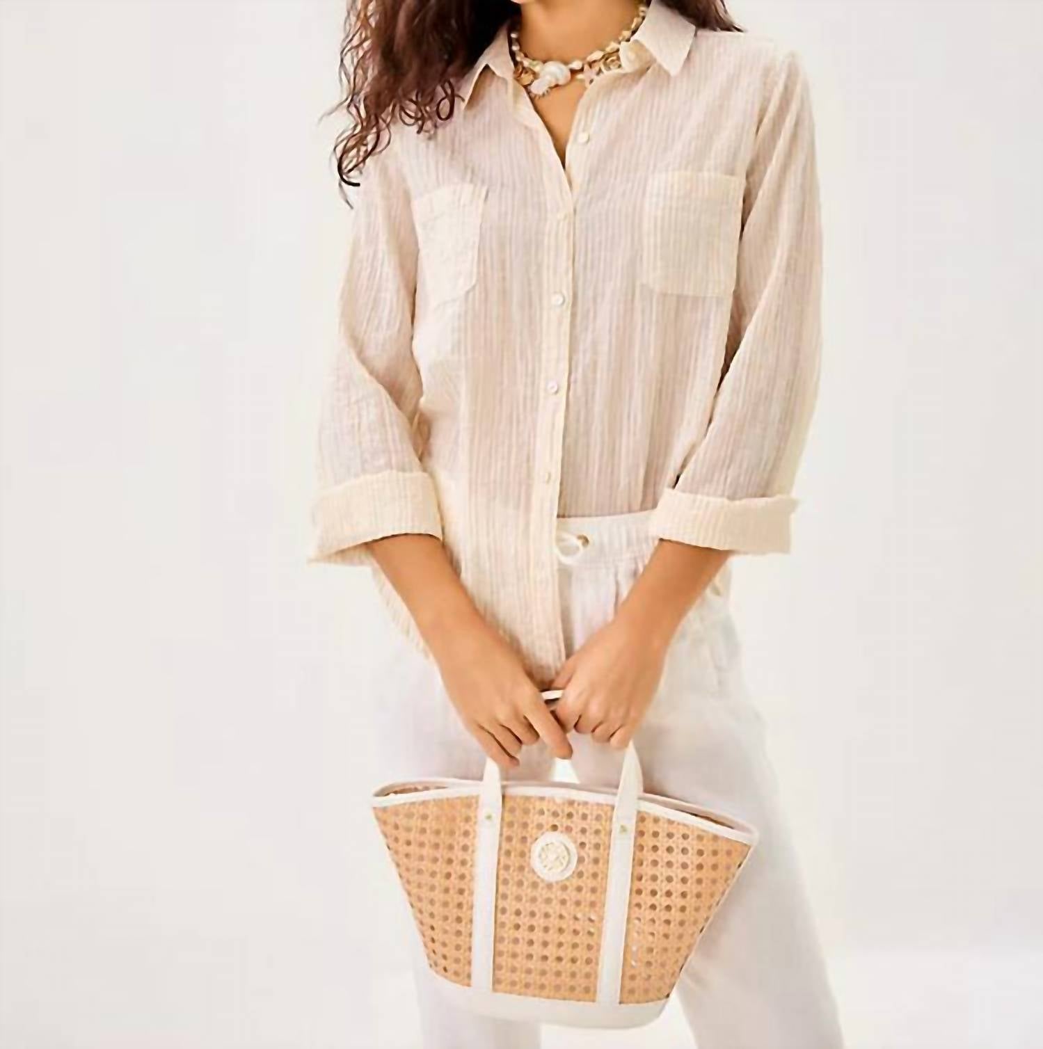 Lilly Pulitzer Sea View Button Down Top in wicker tan ltwt oxford stripe - women's shirt